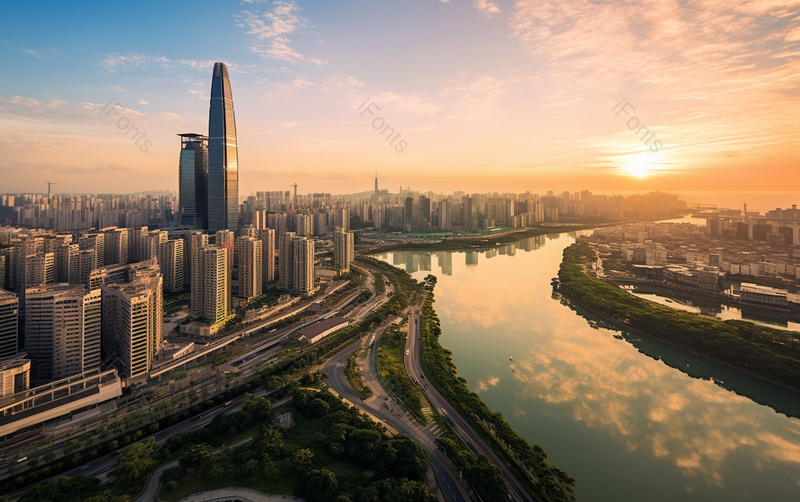 日出时分蓝天白云下城市建筑风景摄影图,高清,摄影图,摄影图片,图片大全,摄影图免费下载